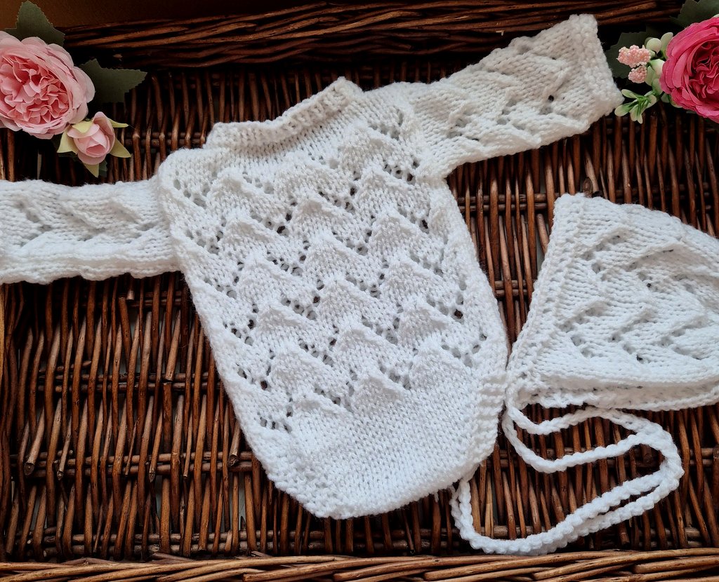 White Baby Girl Romper and Bonnet set in a lace pattern. Handknit Newborn Photo Prop  (READY to send )