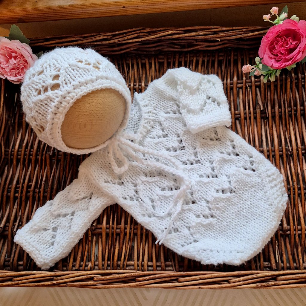 White Baby Girl Romper and Bonnet set in a lace pattern. Handknit Newborn Photo Prop  (READY to send )