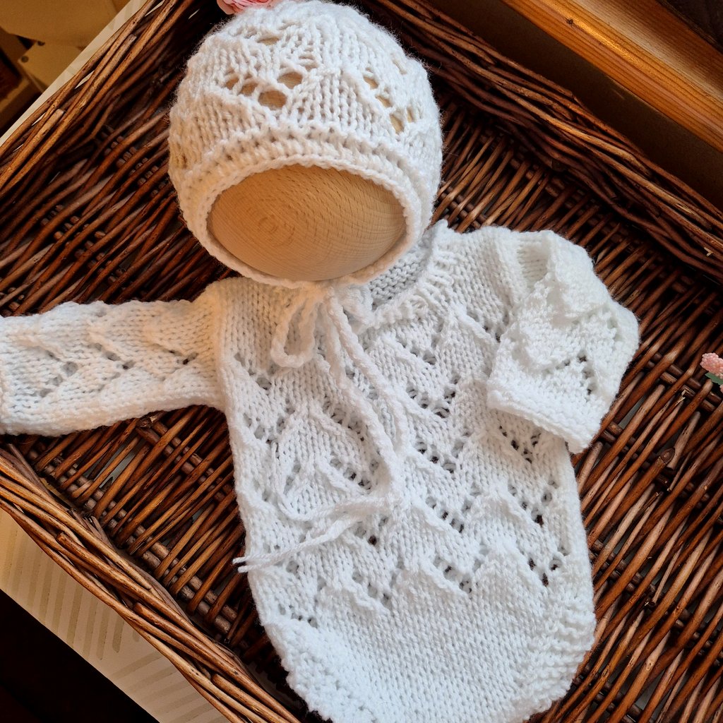 White Baby Girl Romper and Bonnet set in a lace pattern. Handknit Newborn Photo Prop  (READY to send )