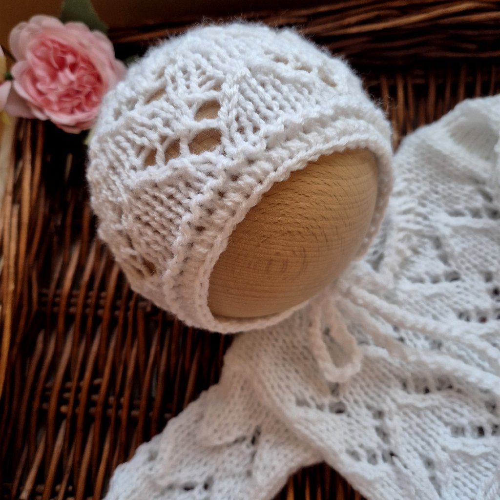 White Baby Girl Romper and Bonnet set in a lace pattern. Handknit Newborn Photo Prop  (READY to send )
