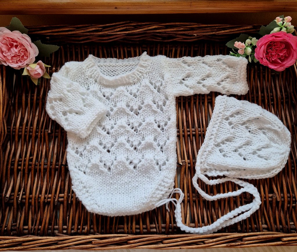 White Baby Girl Romper and Bonnet set in a lace pattern. Handknit Newborn Photo Prop  (READY to send )