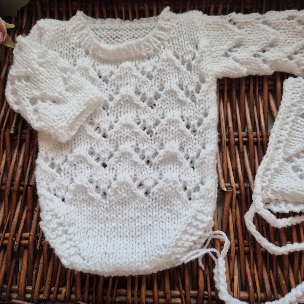 White Baby Girl Romper and Bonnet set in a lace pattern. Handknit Newborn Photo Prop  (READY to send )