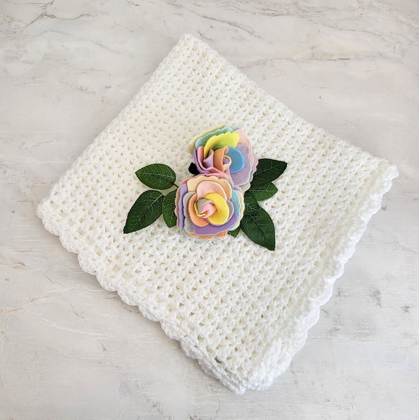 handmade gift baby blanket in white with a scalloped edge