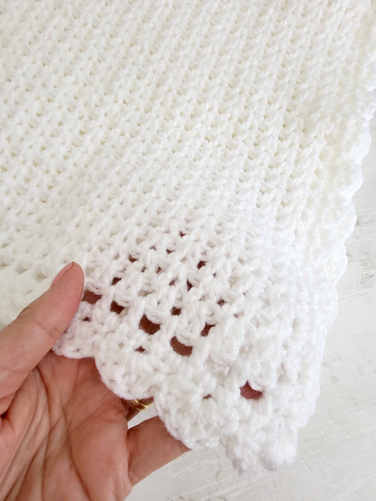 unisex white crochet baby blanket