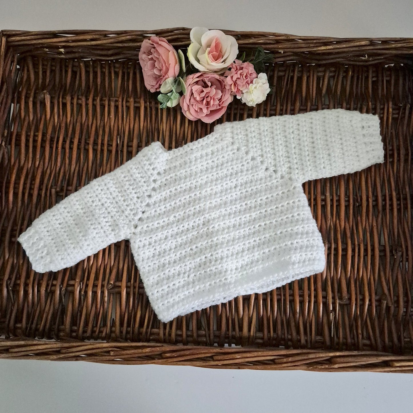 0-6 months White Handmade Crochet Baby Teddy Bear Cardigan Baby Jumper (Ready to Send)