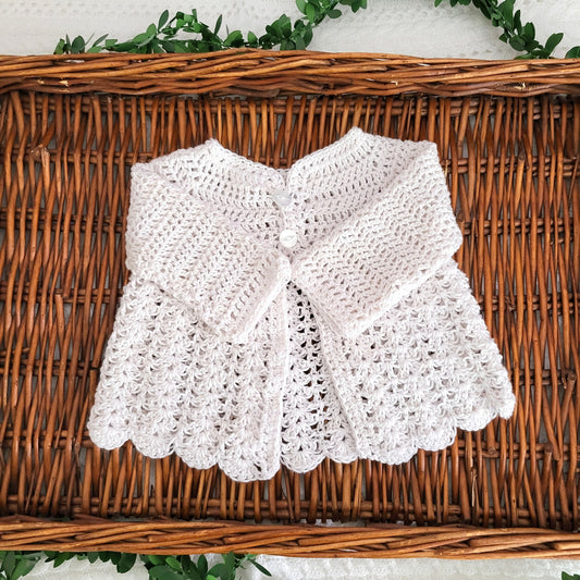 white crochet baby cardigan matinee jacket with shell stitch
