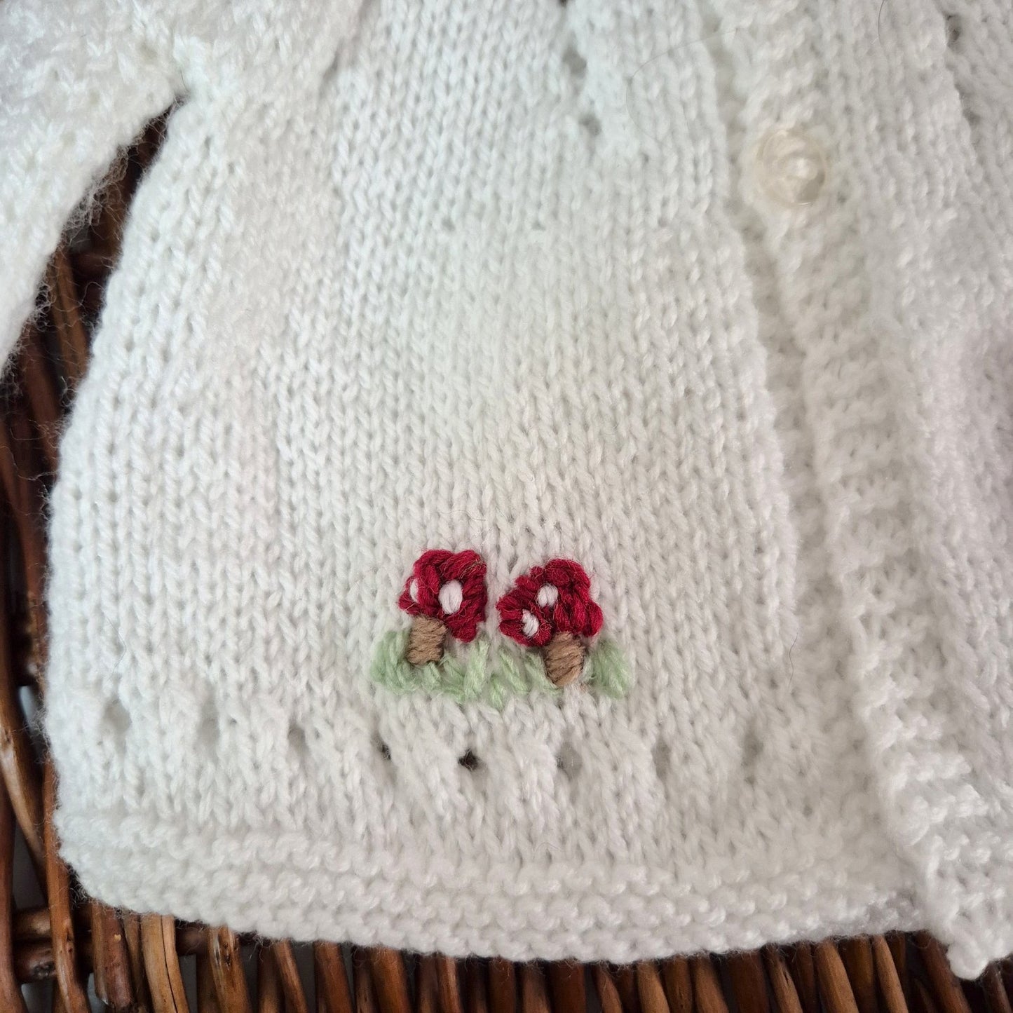 Handmade Newborn Knitted White Baby Cardigan with Toadstools  (Ready to Send)