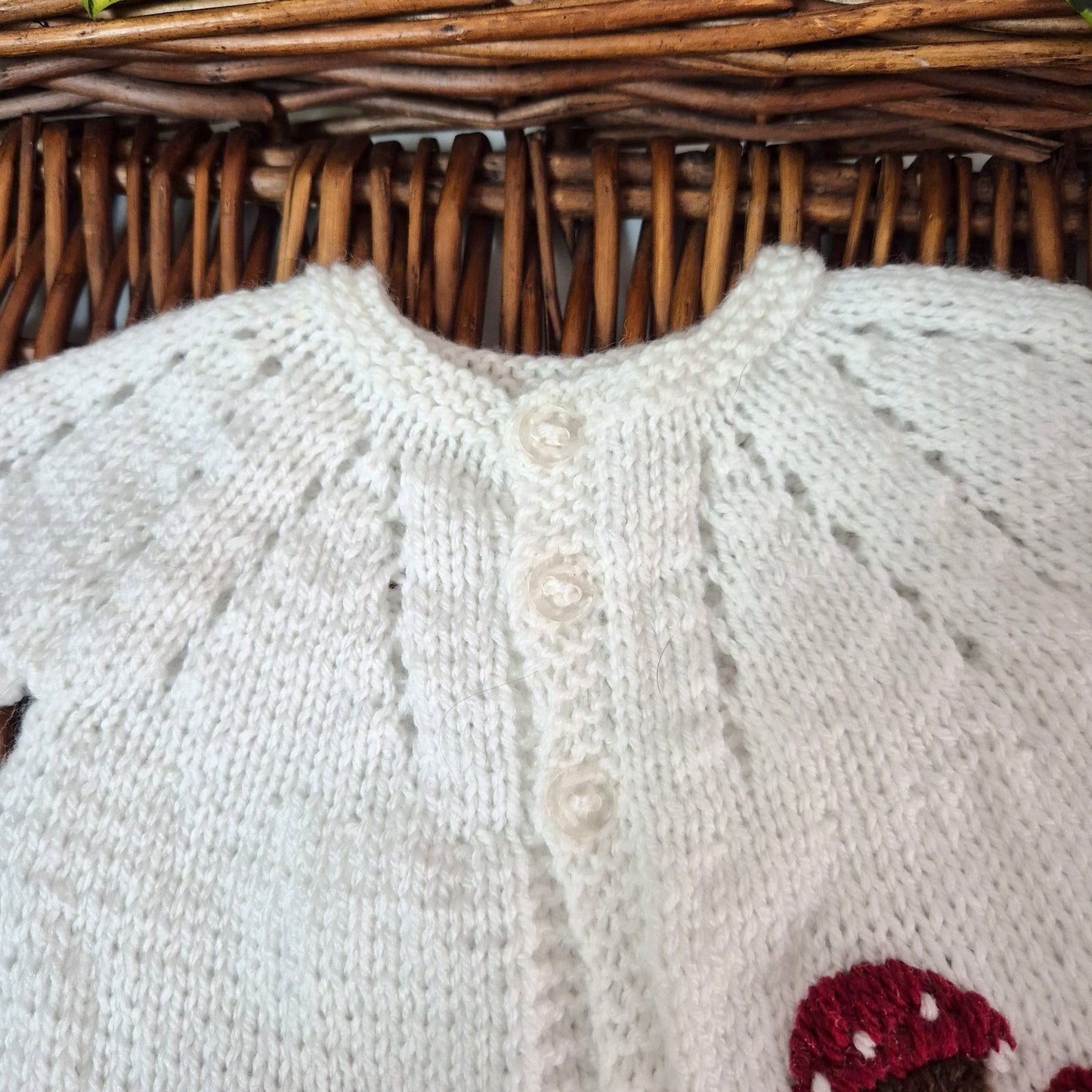 Handmade Newborn Knitted White Baby Cardigan with Toadstools  (Ready to Send)