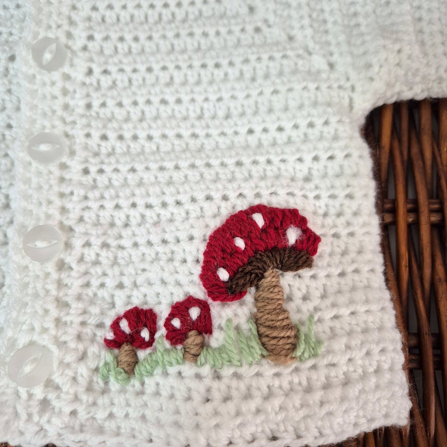Handmade Crochet White Baby Cardigan with Toadstools 0-6 months (Ready to Send)