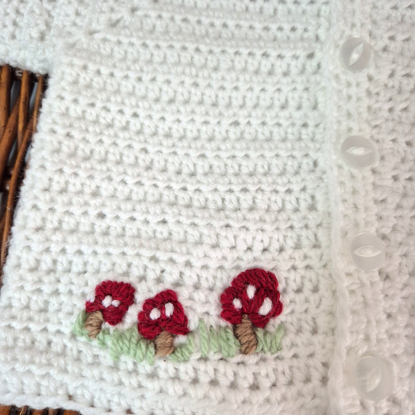 Handmade Crochet White Baby Cardigan with Toadstools 0-6 months (Ready to Send)