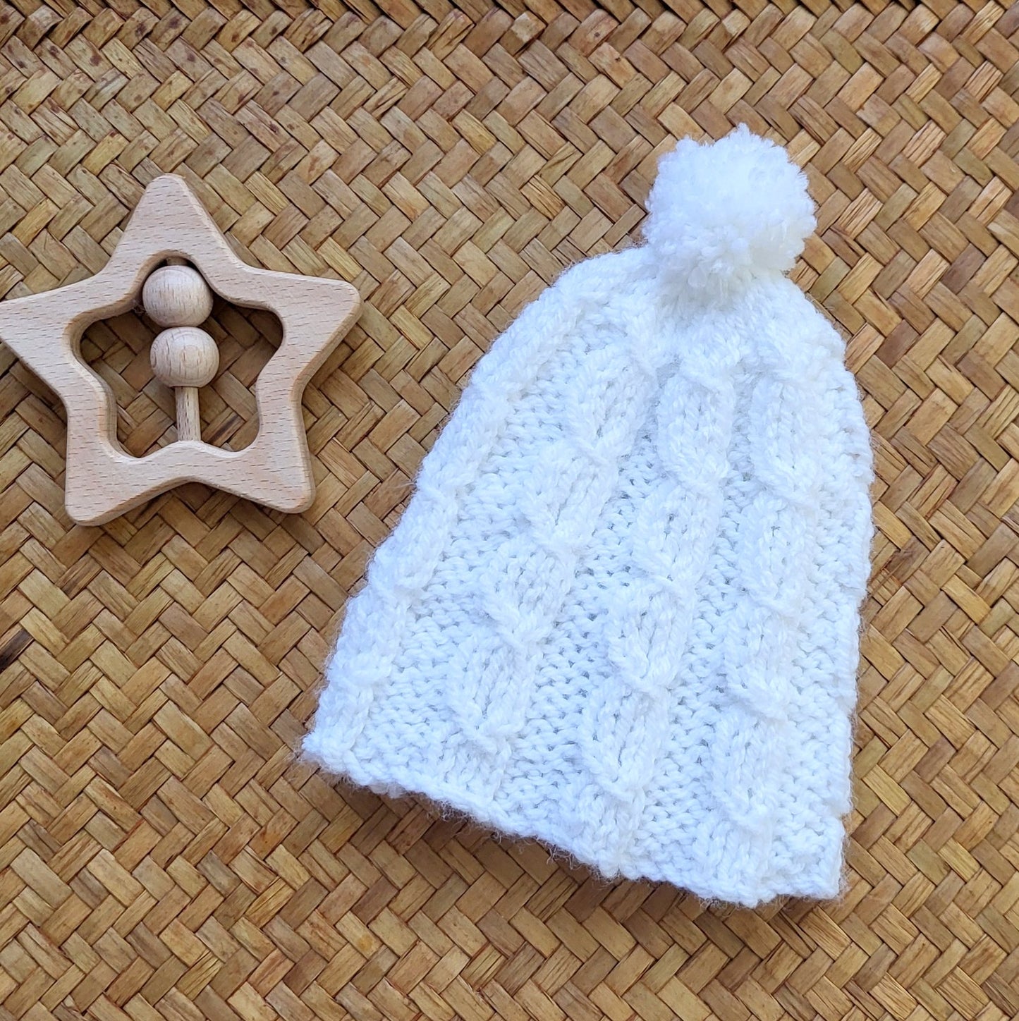ready to send white cabled pom beanie hat