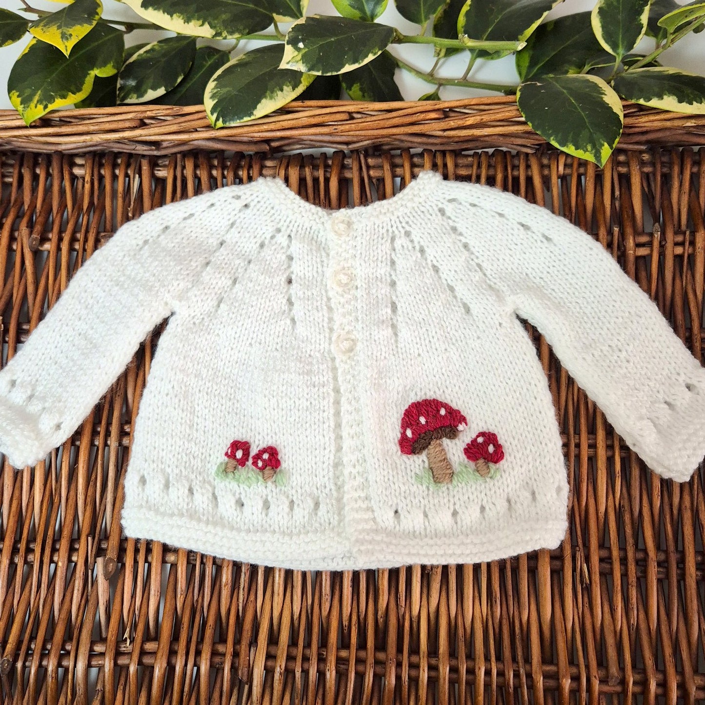 Handmade Newborn Knitted White Baby Cardigan with Toadstools  (Ready to Send)