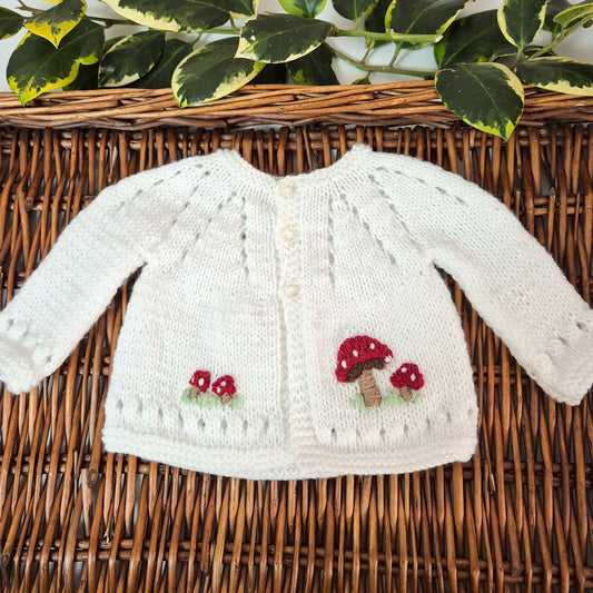 Handmade Newborn Knitted White Baby Cardigan with Toadstools  (Ready to Send)