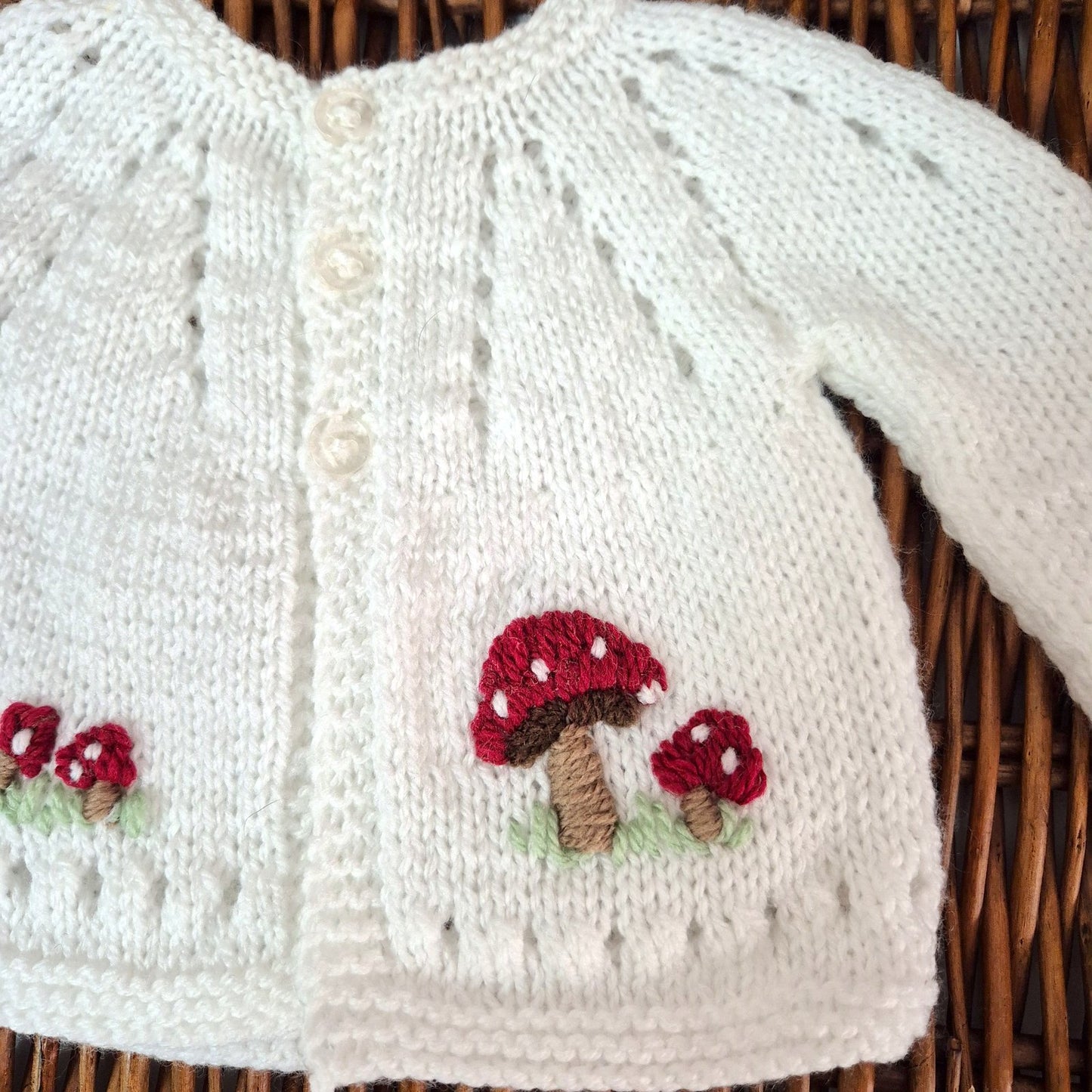 Handmade Newborn Knitted White Baby Cardigan with Toadstools  (Ready to Send)