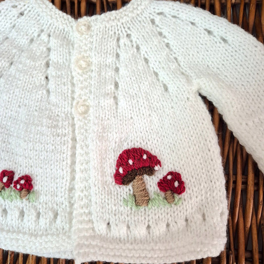 Handmade Newborn Knitted White Baby Cardigan with Toadstools  (Ready to Send)