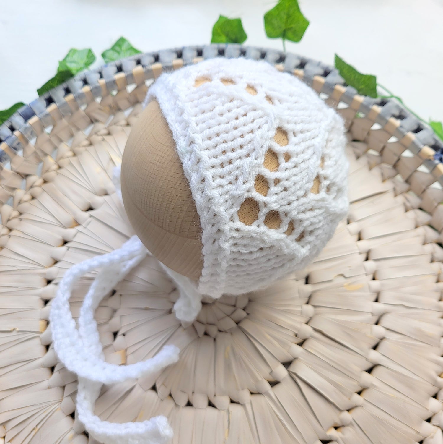 knitted white lace pattern baby bonnet