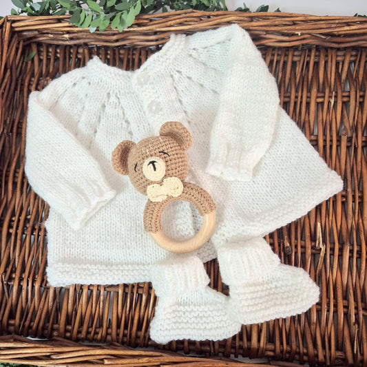 Hand made Knitted White Baby Cardigan, Booties and Teddy Bear Rattle 0-3 months old (Ready to send)