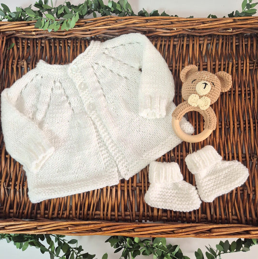 Hand made Knitted White Baby Cardigan, Booties and Teddy Bear Rattle 0-3 months old (Ready to send)
