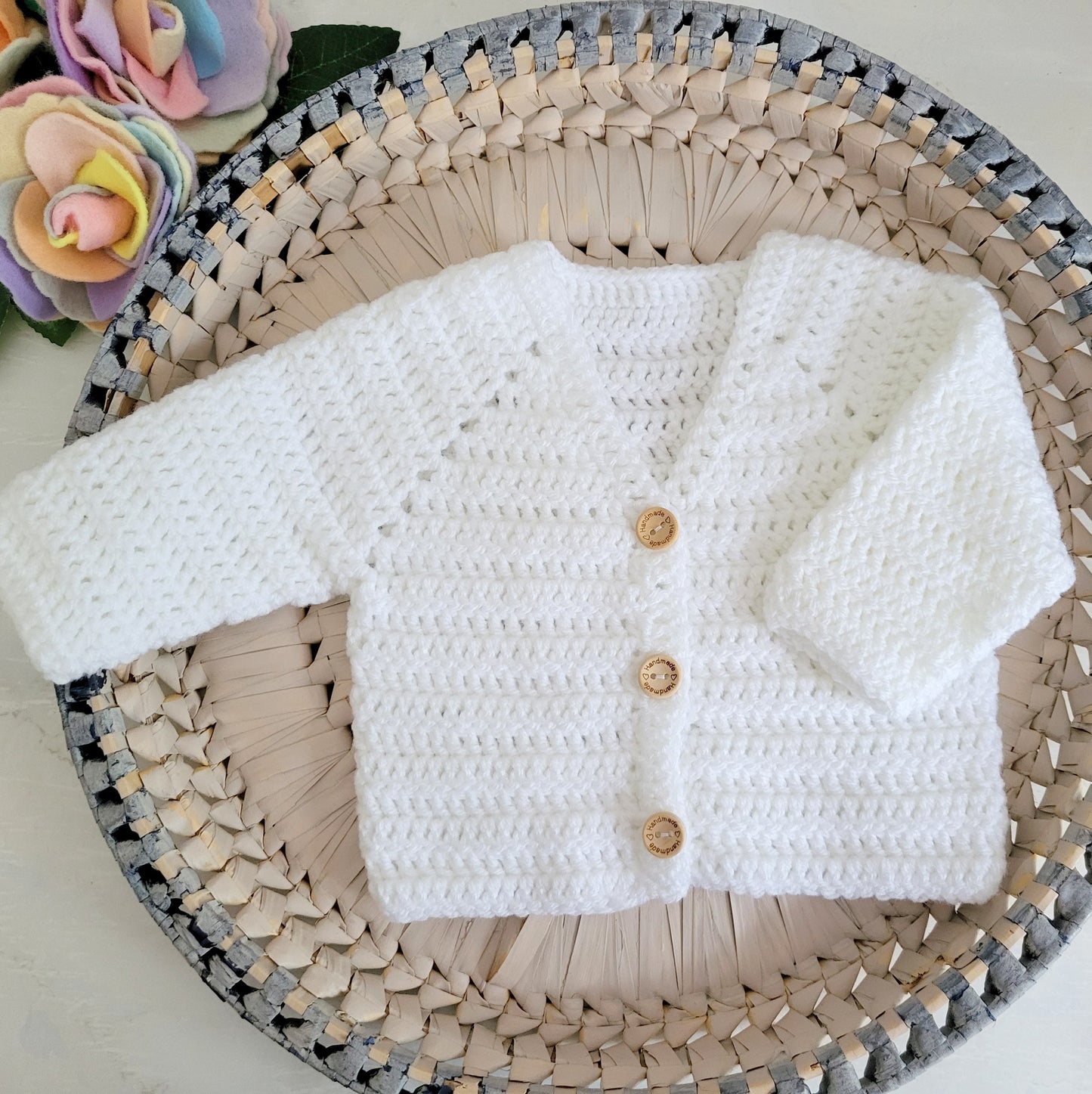 ready to send crochet white classic style baby jumper cardigan