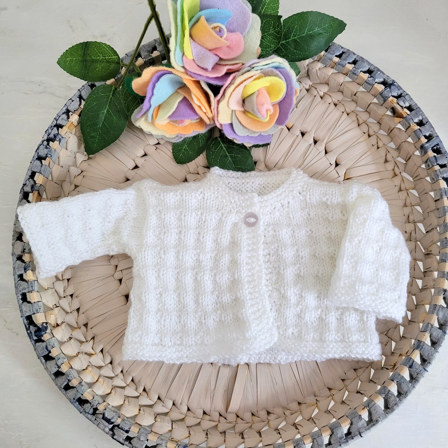 white handknit baby cardigan with textured pattern, baby gift jumper, newborn baby gift coming home jacket