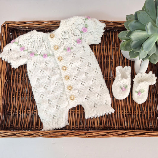 Handknit White Baby Romper and Bootie set with lace and embroidered roses 0-3 months (Ready to Send)
