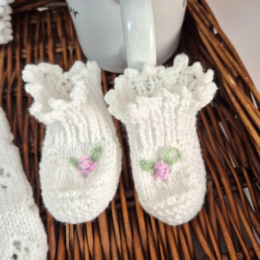 Handknit White Baby Romper and Bootie set with lace and embroidered roses 0-3 months (Ready to Send)