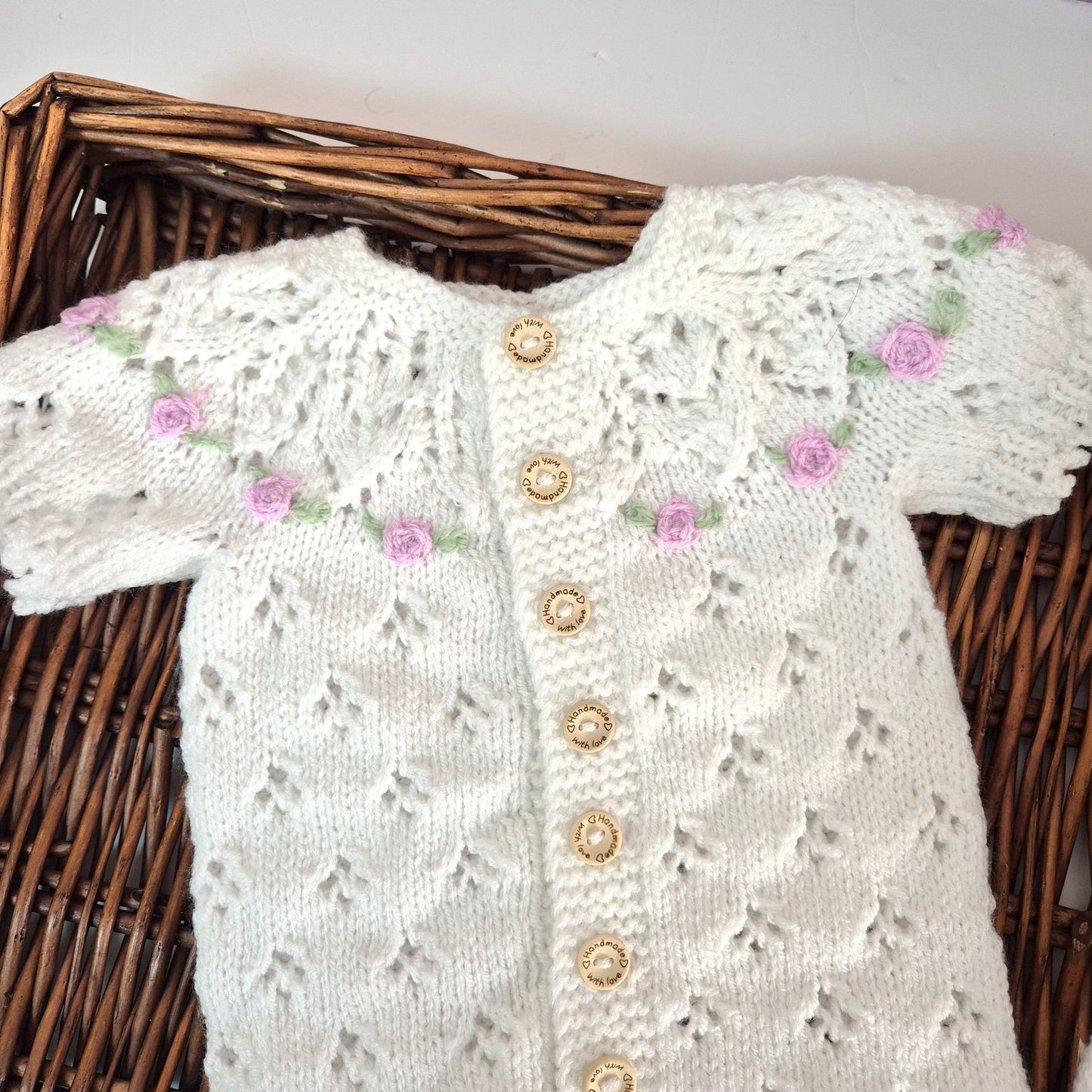 Handknit White Baby Romper and Bootie set with lace and embroidered roses 0-3 months (Ready to Send)