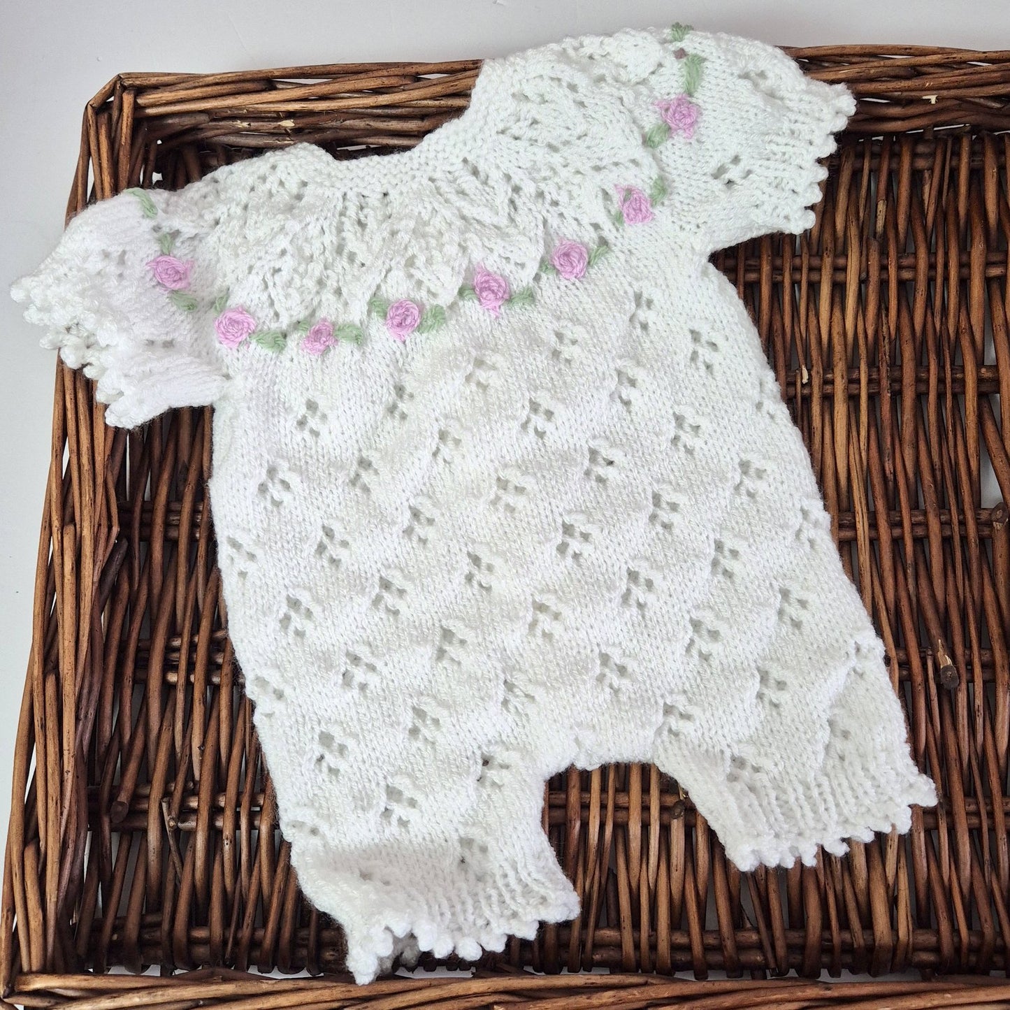 Handknit White Baby Romper and Bootie set with lace and embroidered roses 0-3 months (Ready to Send)