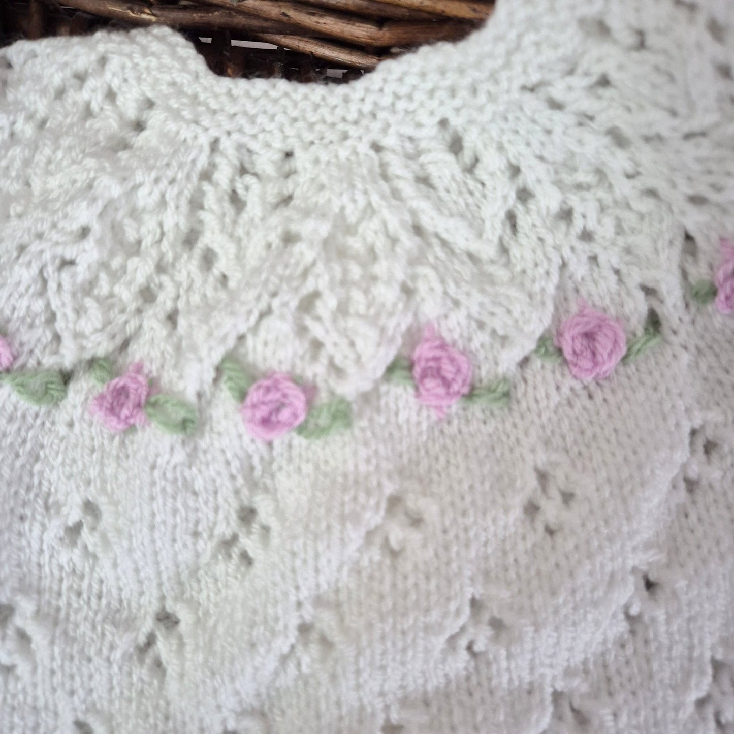 Handknit White Baby Romper and Bootie set with lace and embroidered roses 0-3 months (Ready to Send)