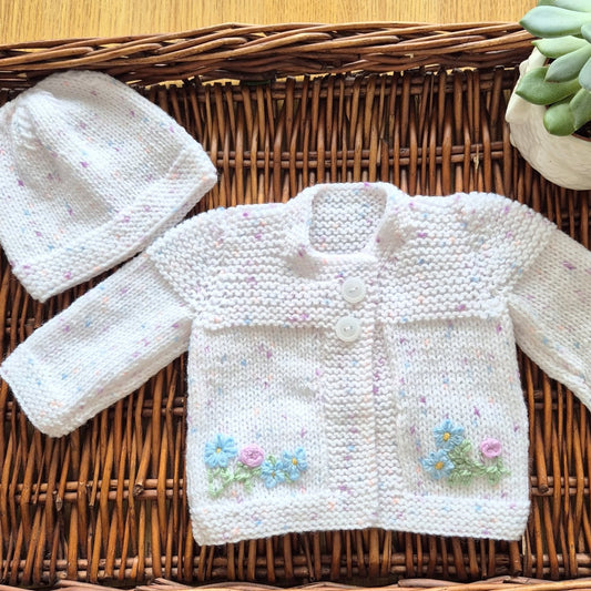White Knitted Baby Cardigan and Hat with flower embroidery 0-3 months