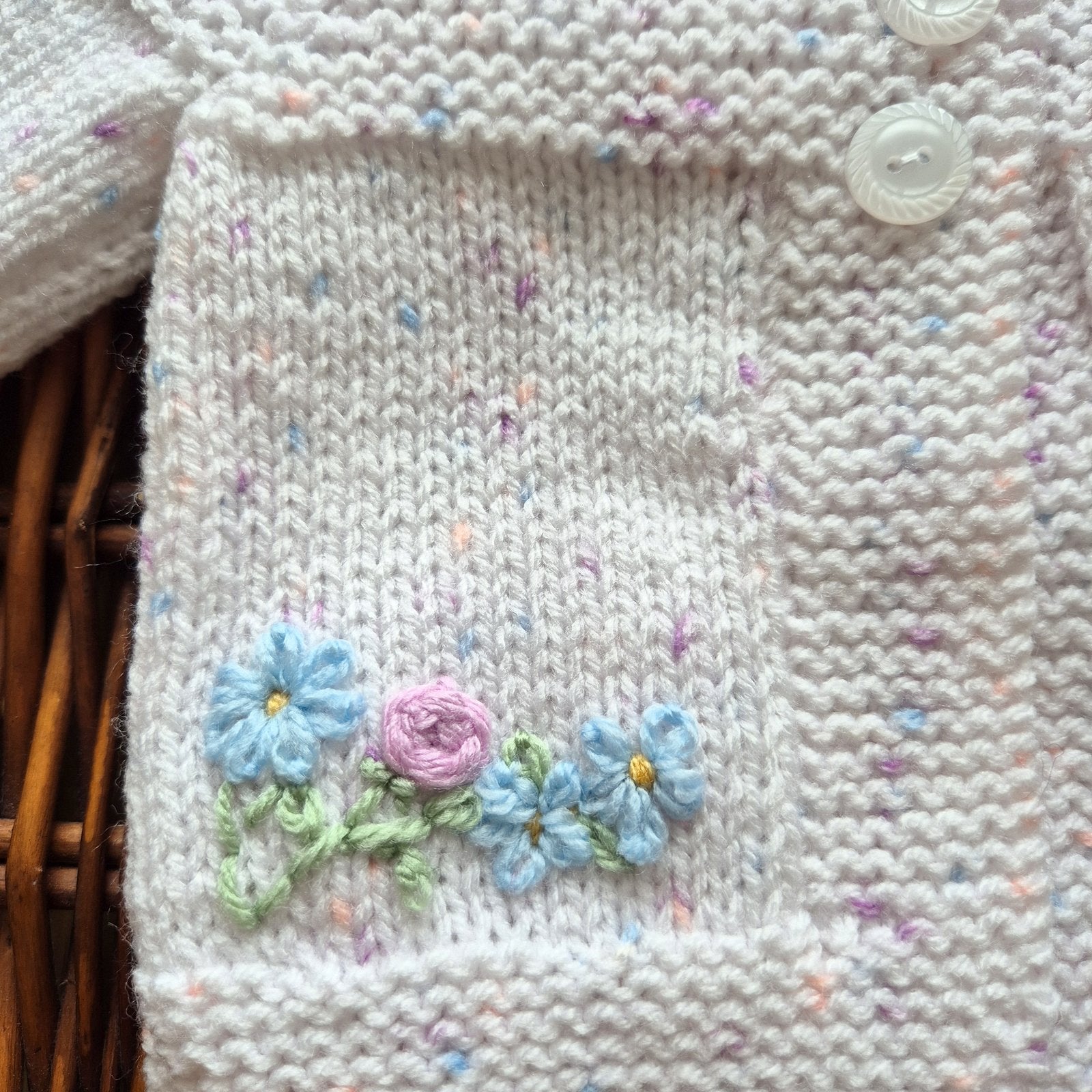 White Knitted Baby Cardigan and Hat with flower embroidery 0-3 months