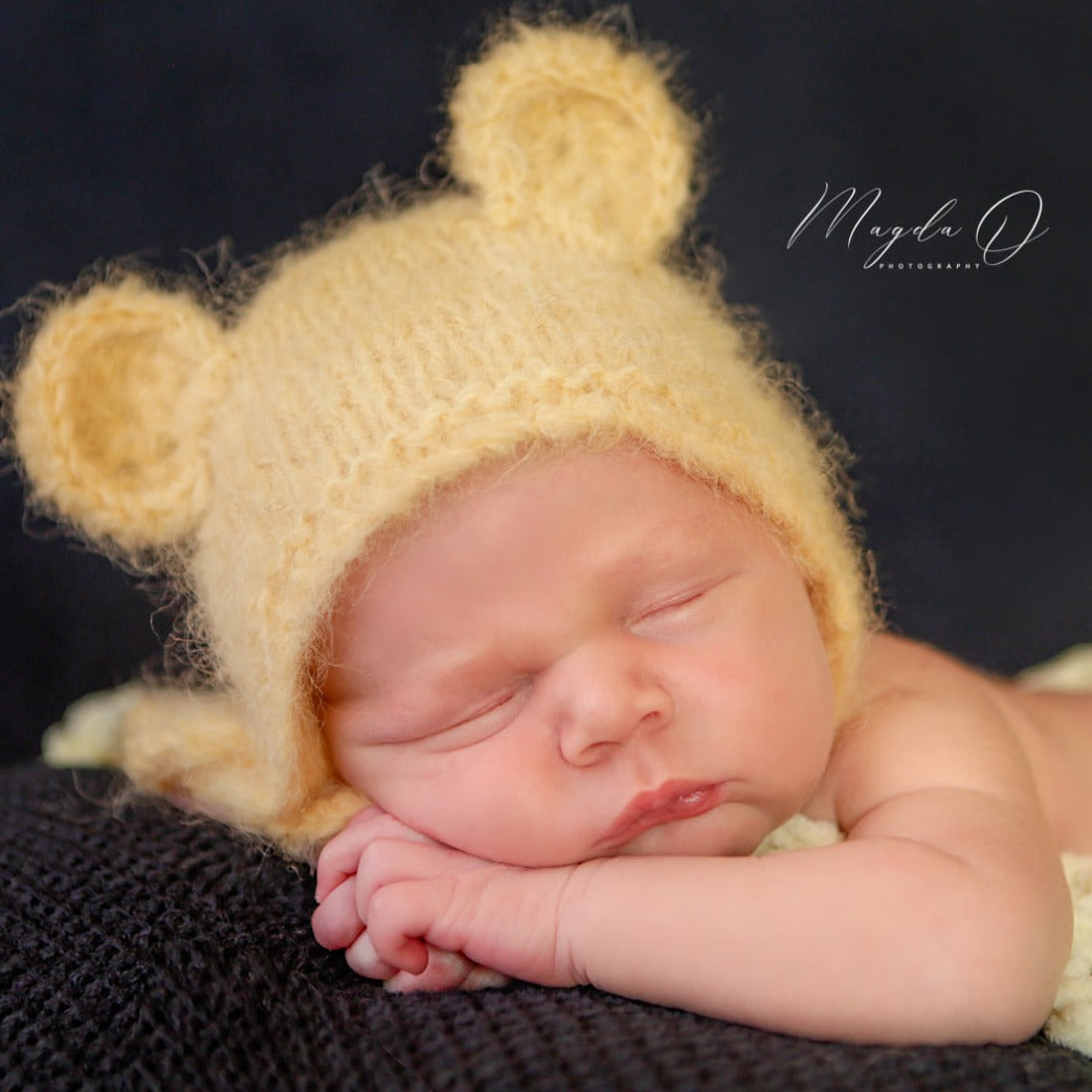 yellow knitted baby bear bonnet for newborn photo shoots