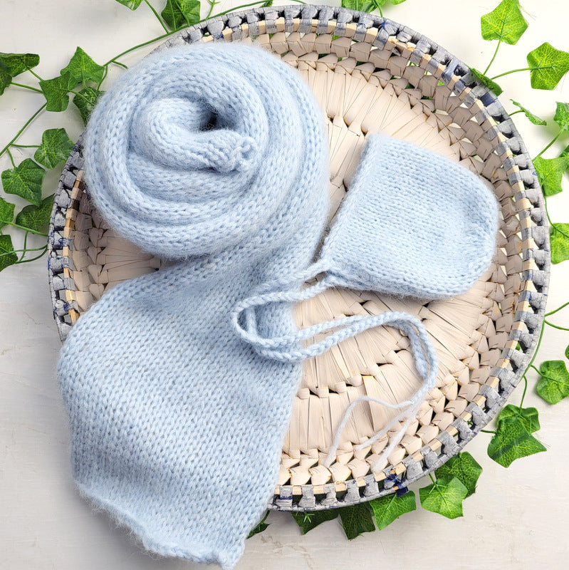 knit newborn wrap and bonnet posing layer for newborn baby boy pictures