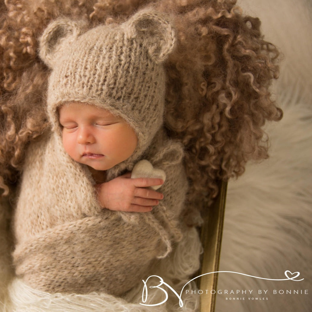 beige knitted baby bear bonnet and knit wrap for newborn photo shoots