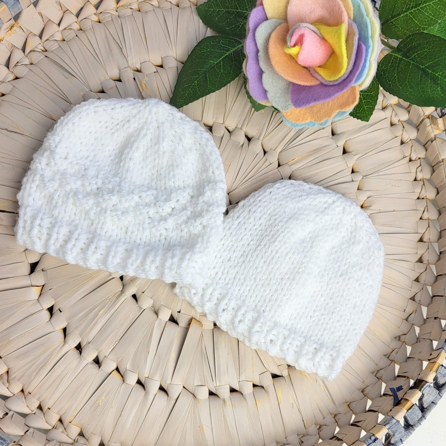 white knitted newborn baby hospital coming home hat photo prop 