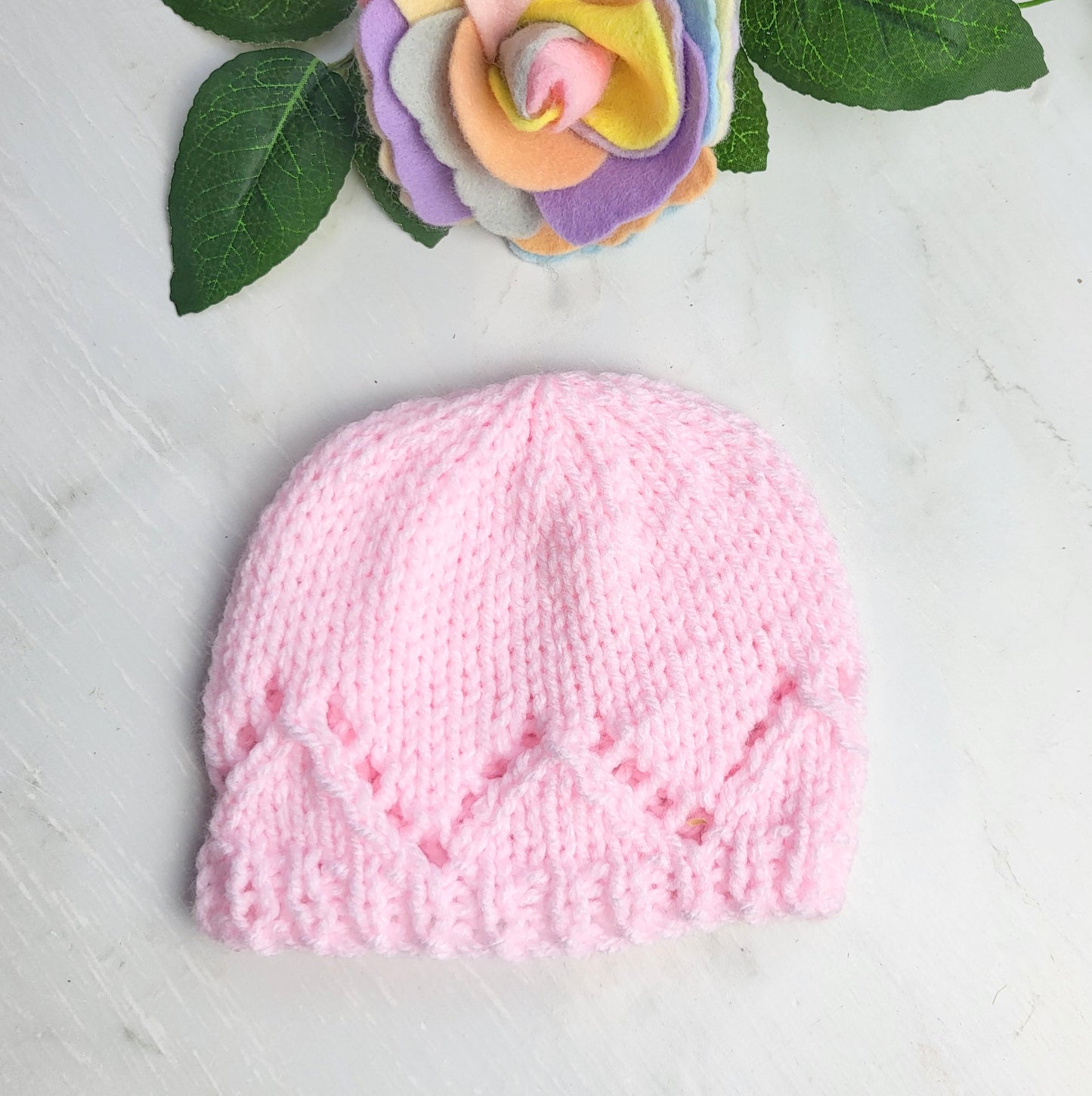 pink knitted newborn baby hospital coming home hat photo prop 