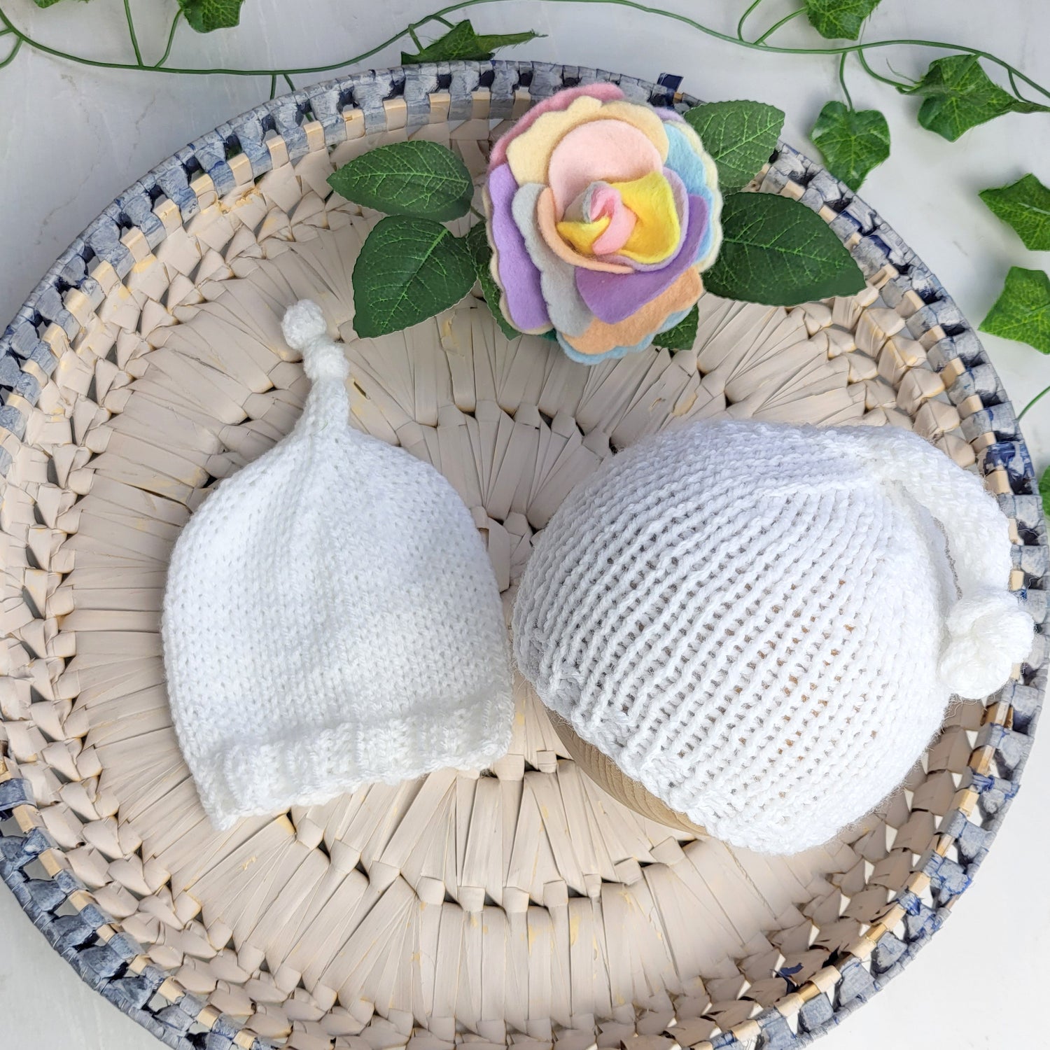 handmade knitted white baby topknot hat for photo shoots, baby coming home hat gender neutral