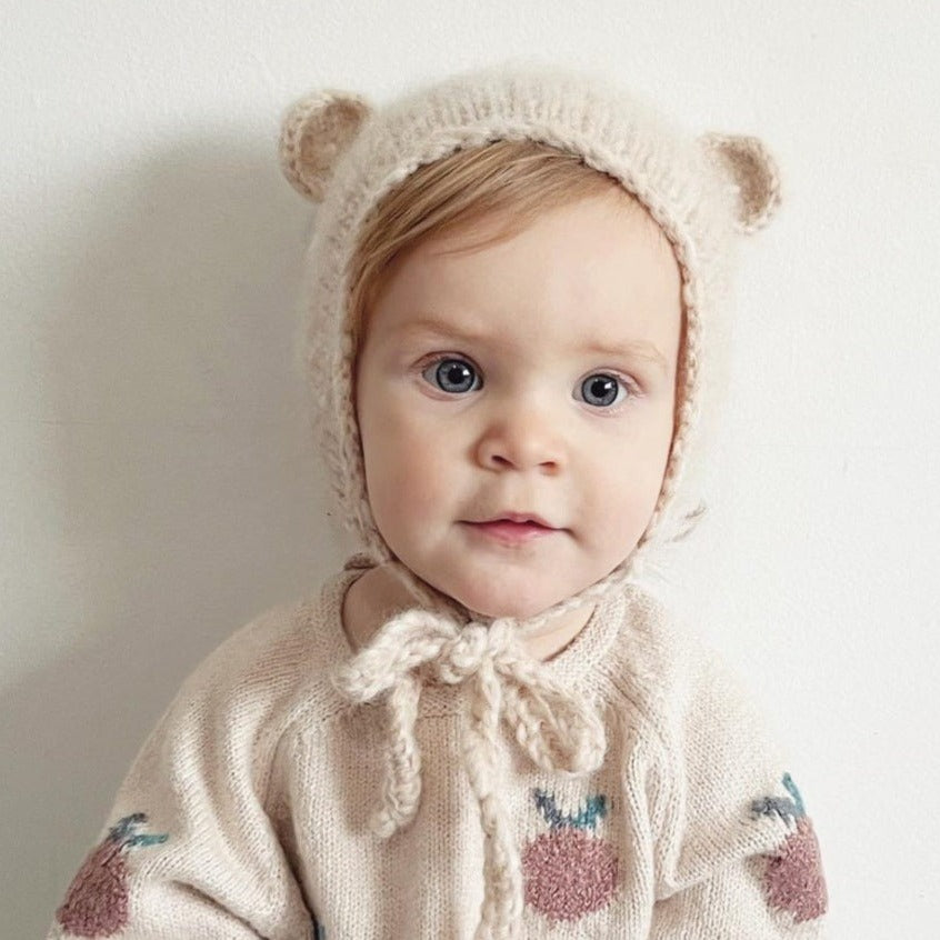 beige knitted baby bear bonnet for newborn to toddler size