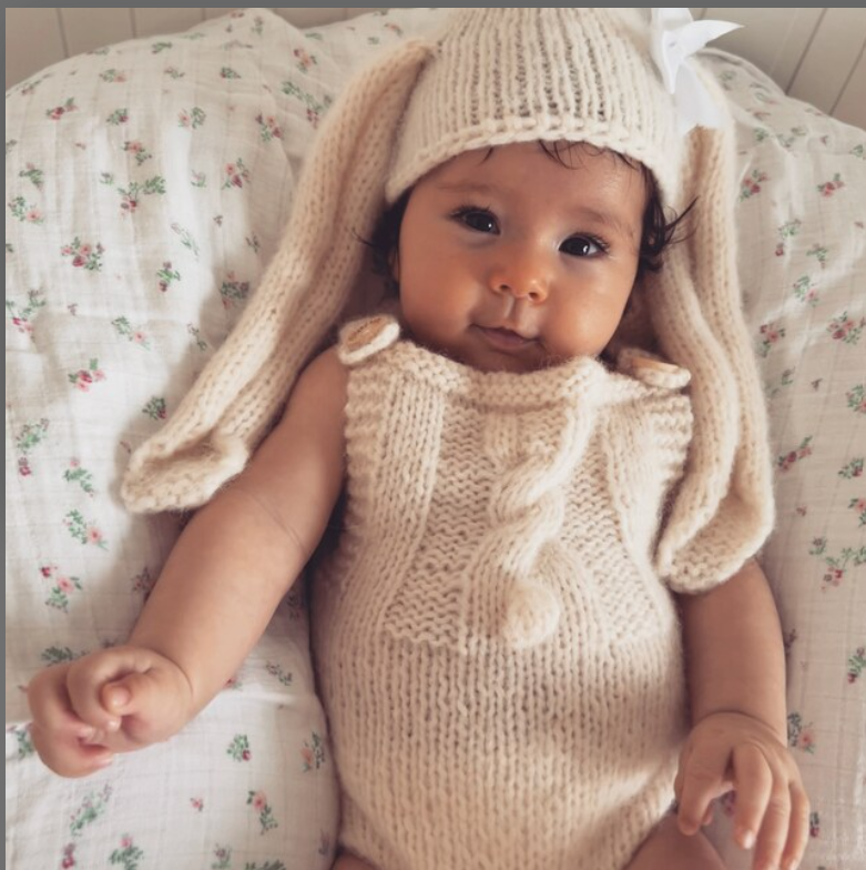 handknit bunny romper and long bunny rabbit hat for babies coming home outfit babyshower gift
