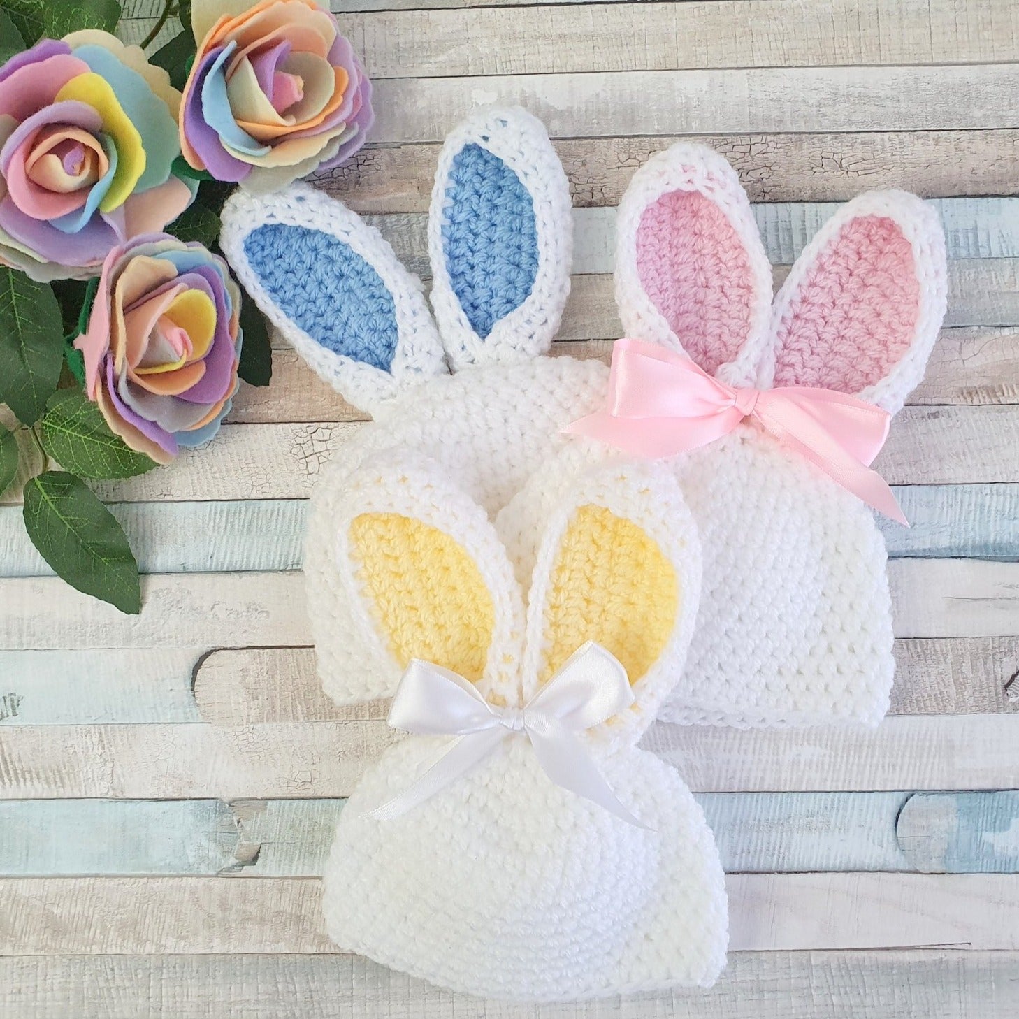 crochet baby bunny hat with stand up ears pink blue yellow