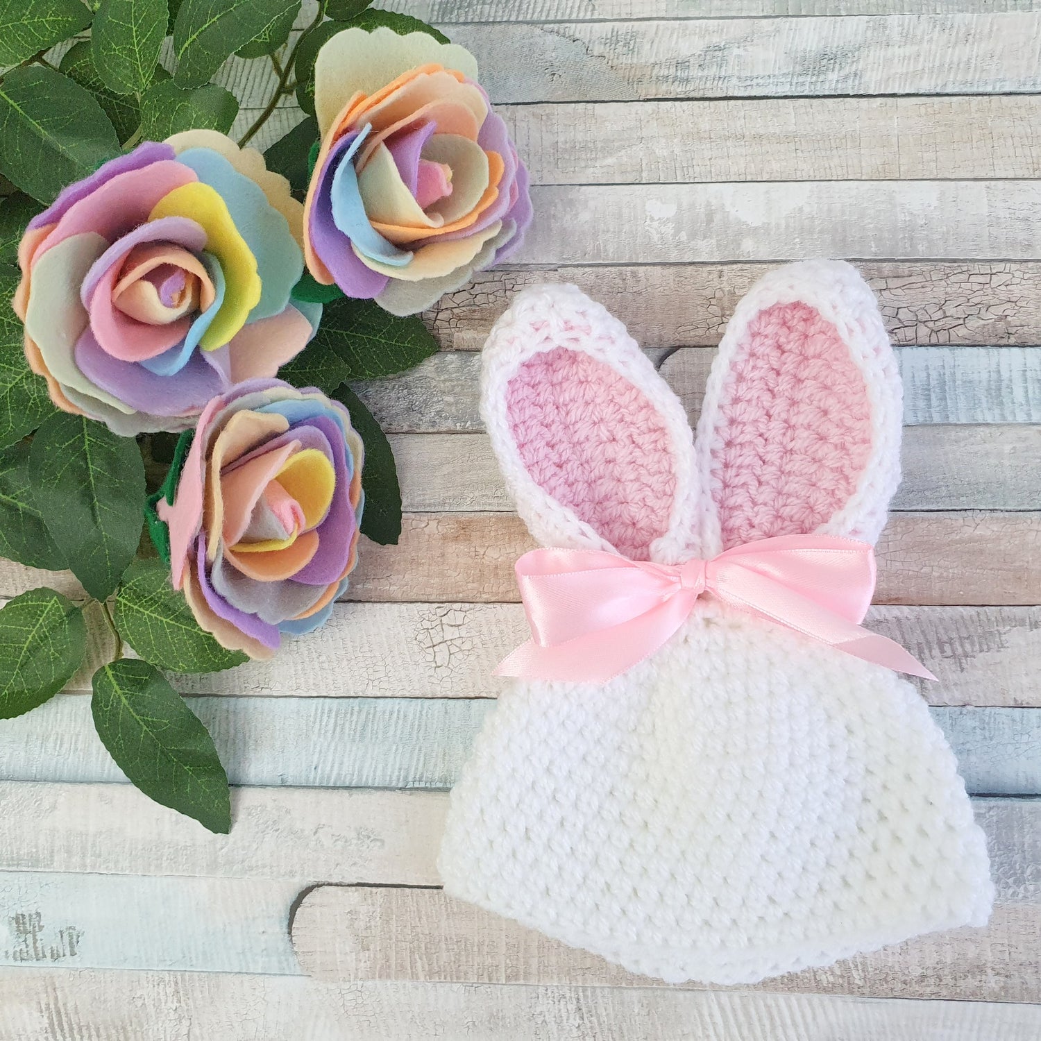 pink and white easter bonnet bunny rabbit beanie