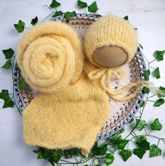 fluffy yellow long knitted stretch wrap and classic bonnet for newborn photo prop use