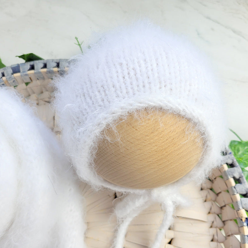 white fluffy bonnet for babies