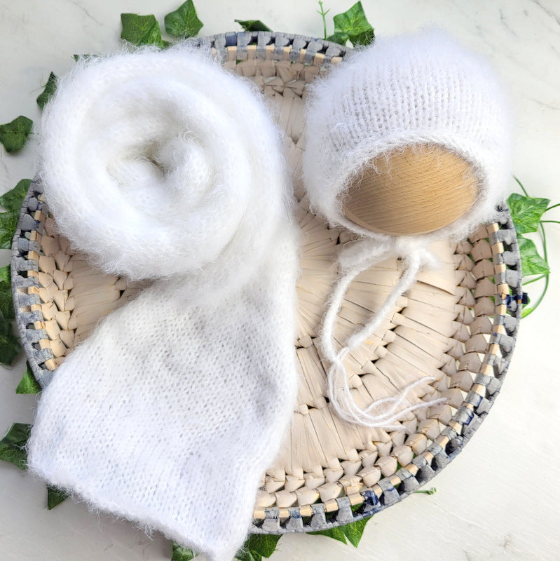 knitted long fluffy white wrap and bonnet set for newborn photo shoots
