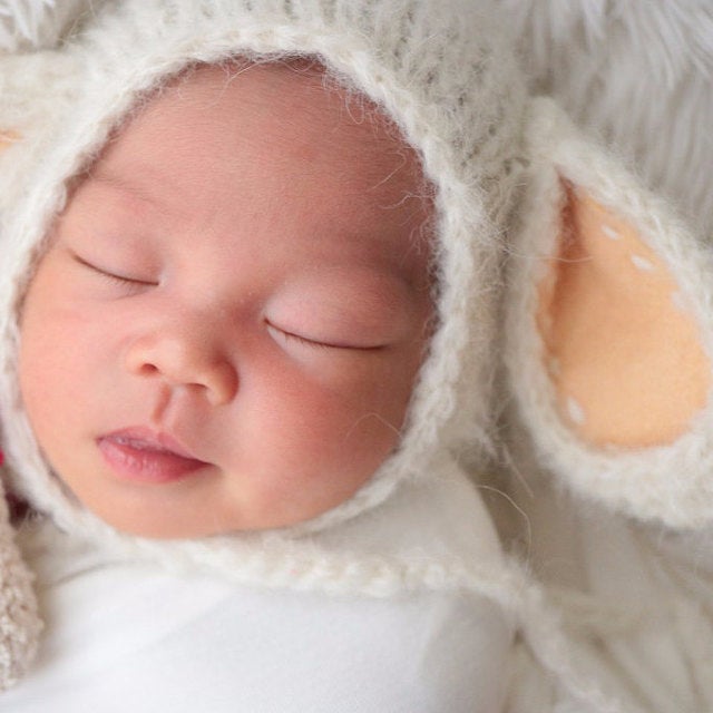 knitted cream fluffy baby lamb bonnet for newborn photo prop baby ears hat