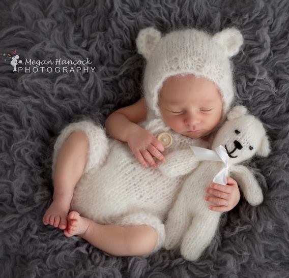 handknit baby bear romper and bonnet set in white